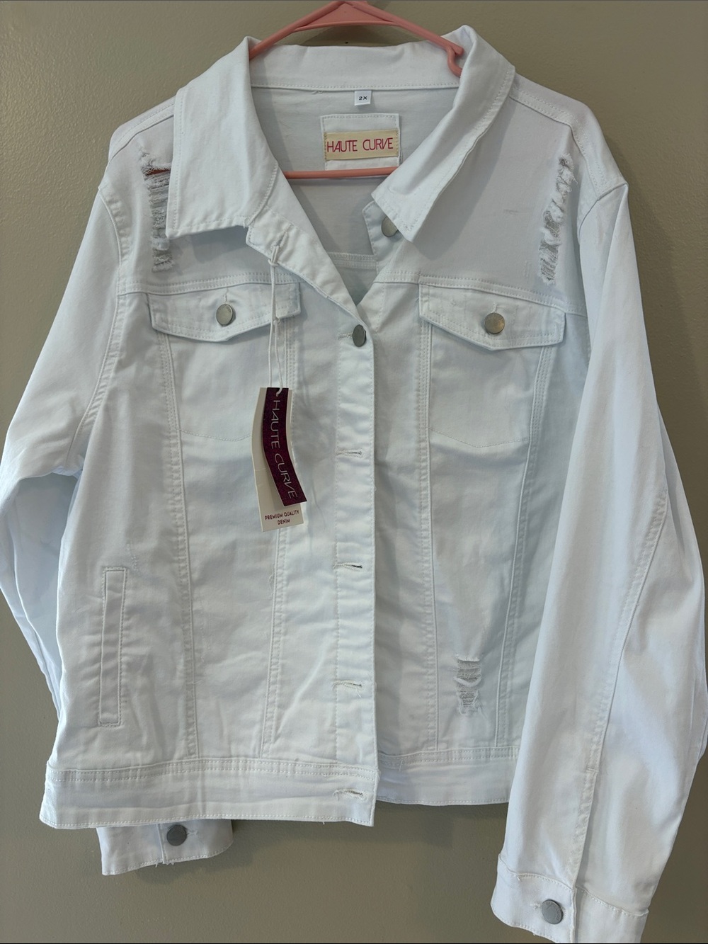 Haute Curve 2X White Distressed Denim Jean Jacket NWT Stretch Plus Size
